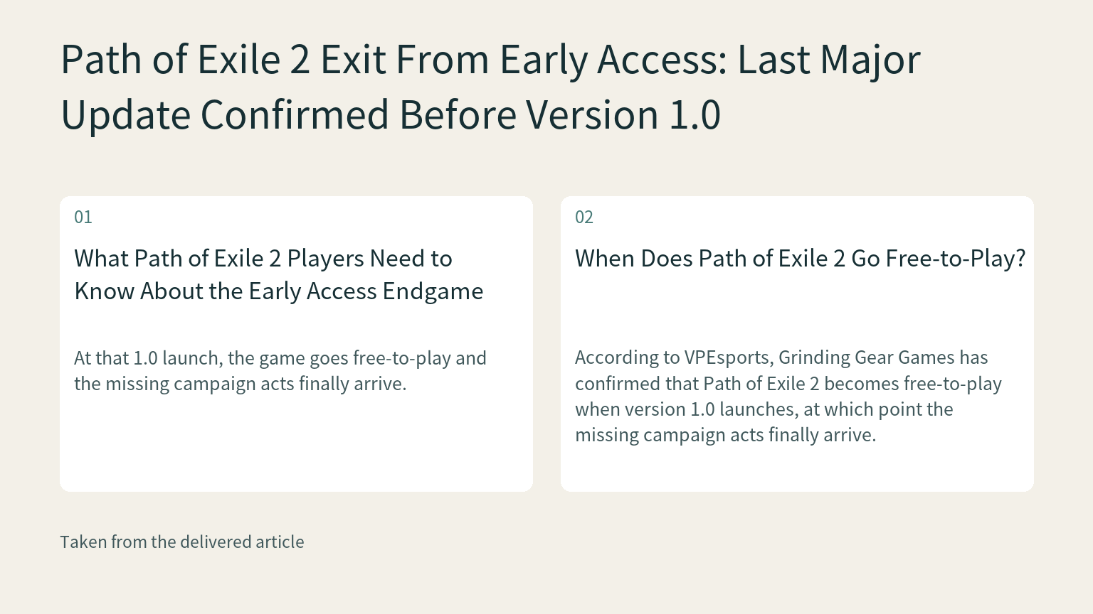 Visual explanation: At that 1.0 launch, the game goes free-to-play and the missing campaign acts finally arrive.